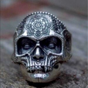 316L Stainless Steel SZ.9 Heavy Sugar Men Skull Ring Mandala Flower Santa Muerte